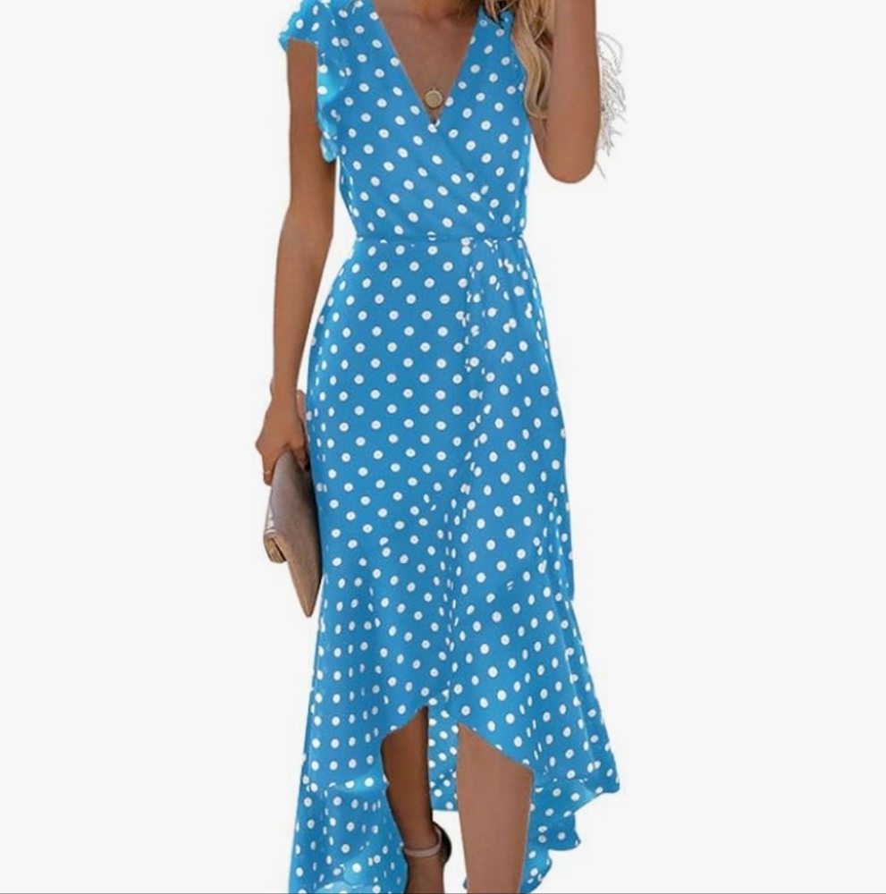 NWT Grecerelle Sky Blue Polka Dot High Low Ruffled Hem Sleeveless Sundress